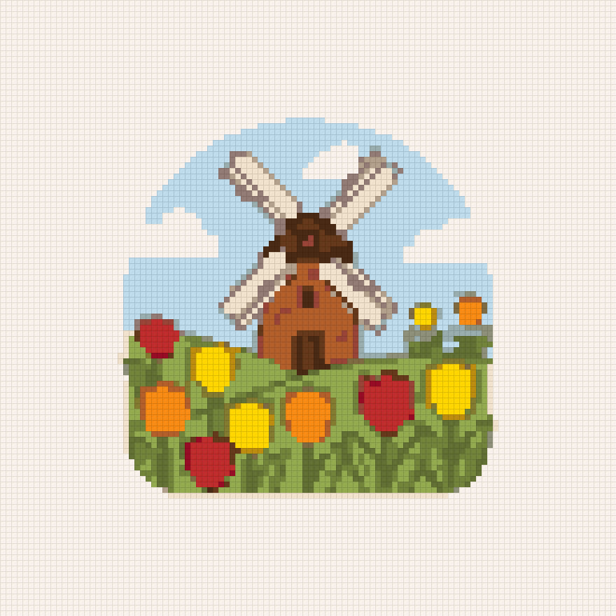 A windmill in a field of tulips under a blue sky – cross-stitch pattern
