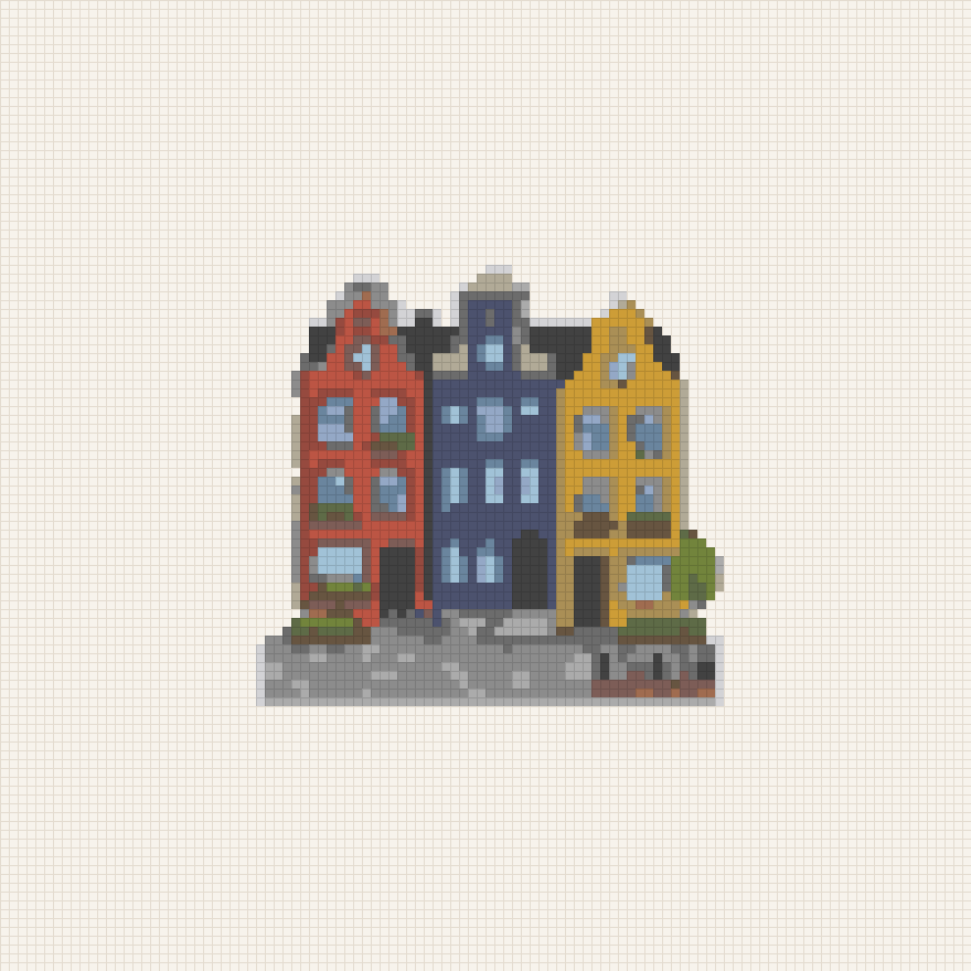 A Dutch canal house street with bicycles and flower boxes – kruissteekpatroon